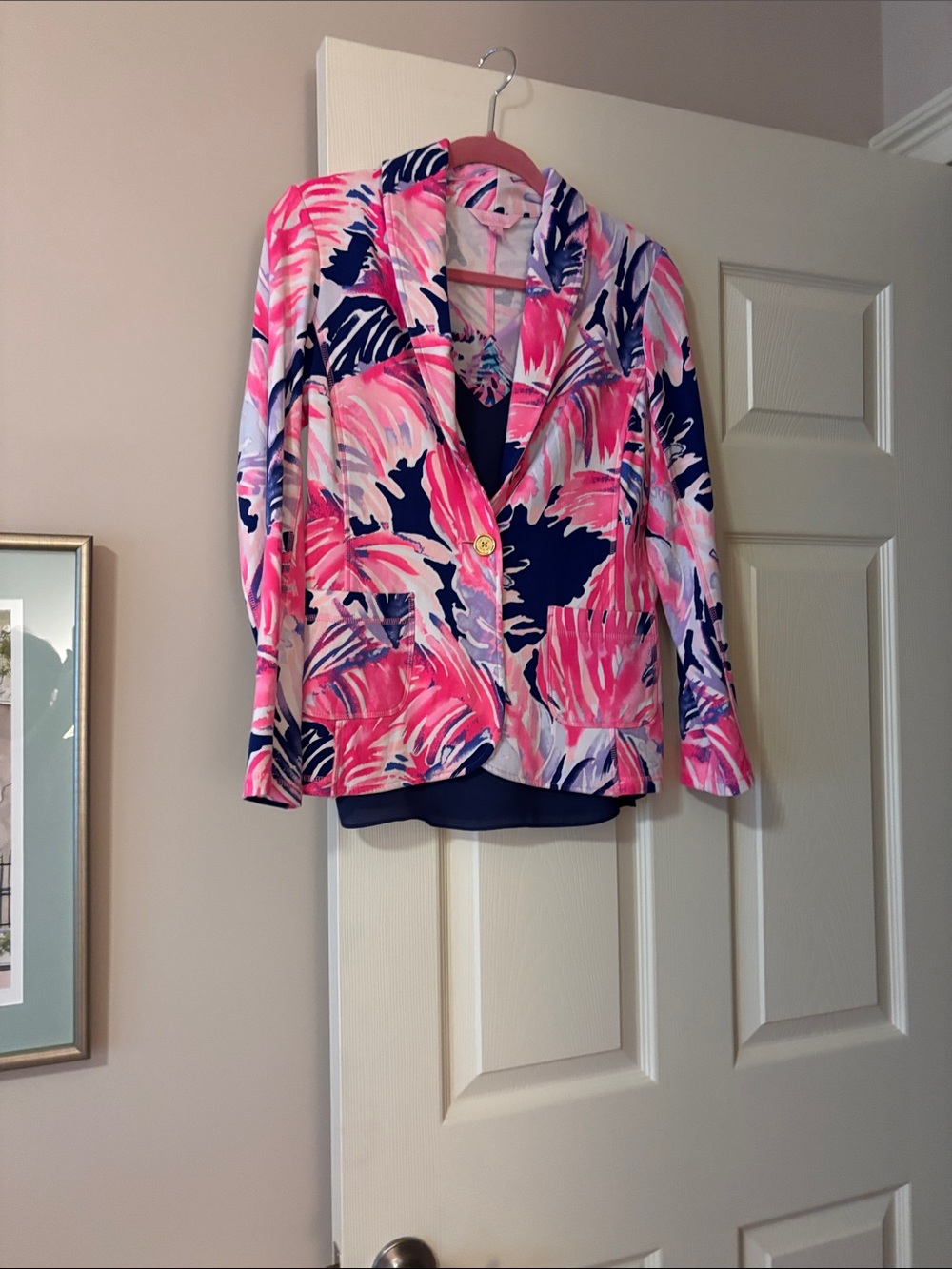 Women's Pink Navy Printed Blazer Jacket long like new